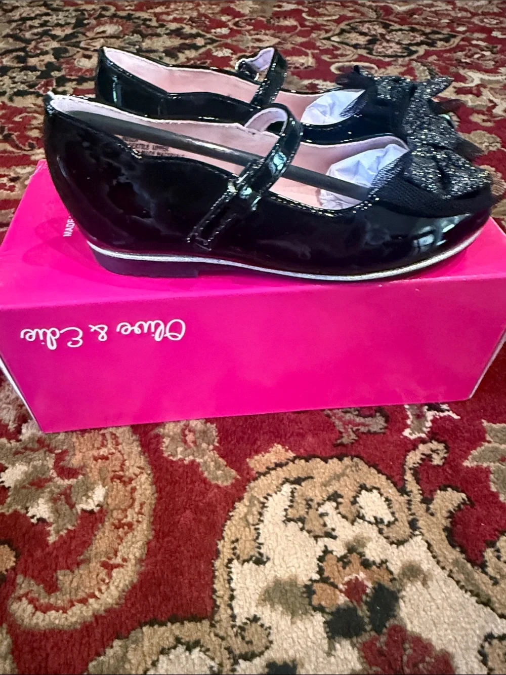 Olive & Edie Black Patent Mary Jane Shoes with Glitter Bow